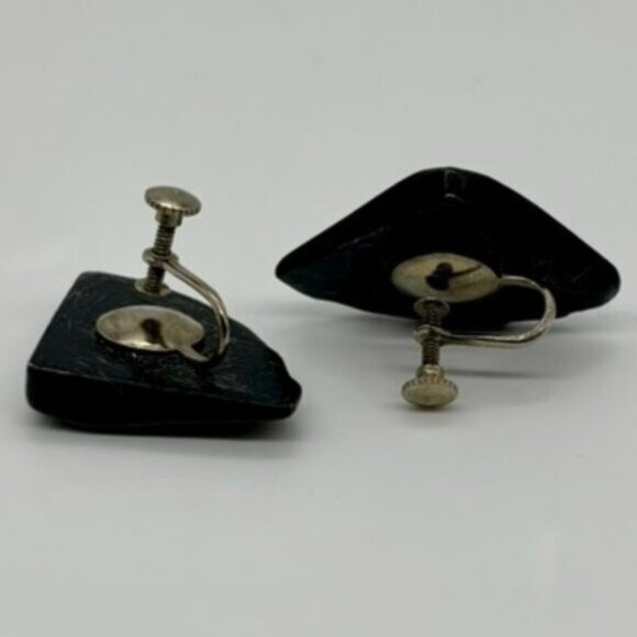 Vintage Lucite Plastic Earrings Similar to Bakelite Black Fan Shape, Screw-Backs - Picture 10 of 10